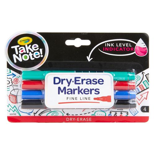 CRAYOLA - TAKE NOTE FINE LINE DRY-ERASE MARKERS, 4 COUNT